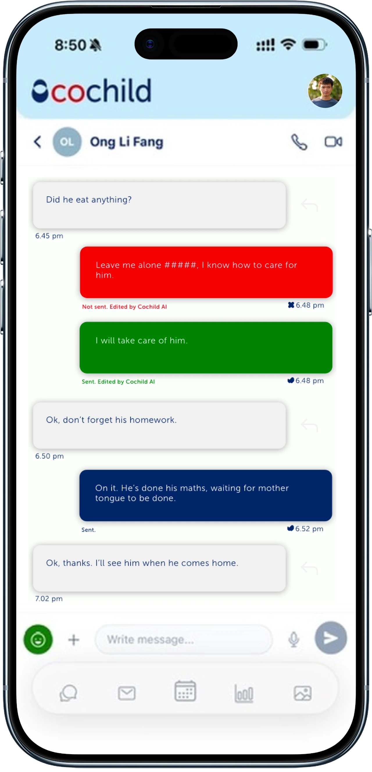 Cochild messaging screen where AI rewrites a hostile message into a neutral one before sending