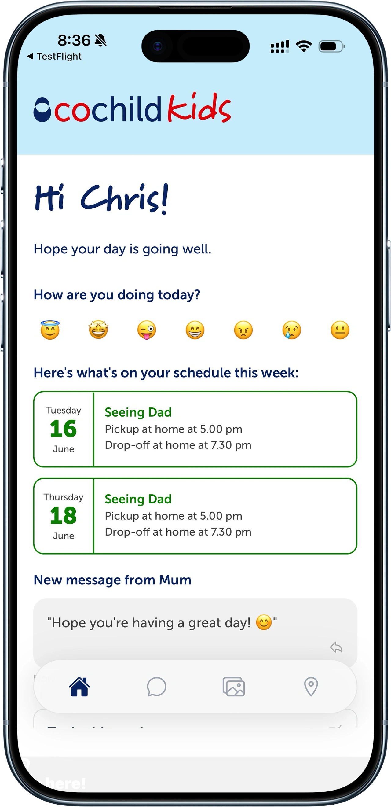 Cochild Kids screen greeting the child with their weekly schedule, mood check-in, and a message from Mum