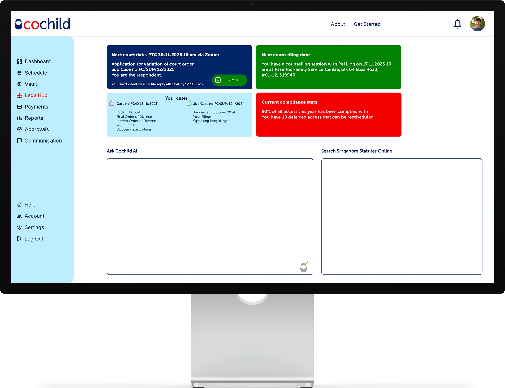 Cochild LegalHub dashboard with court date tracking and document tools