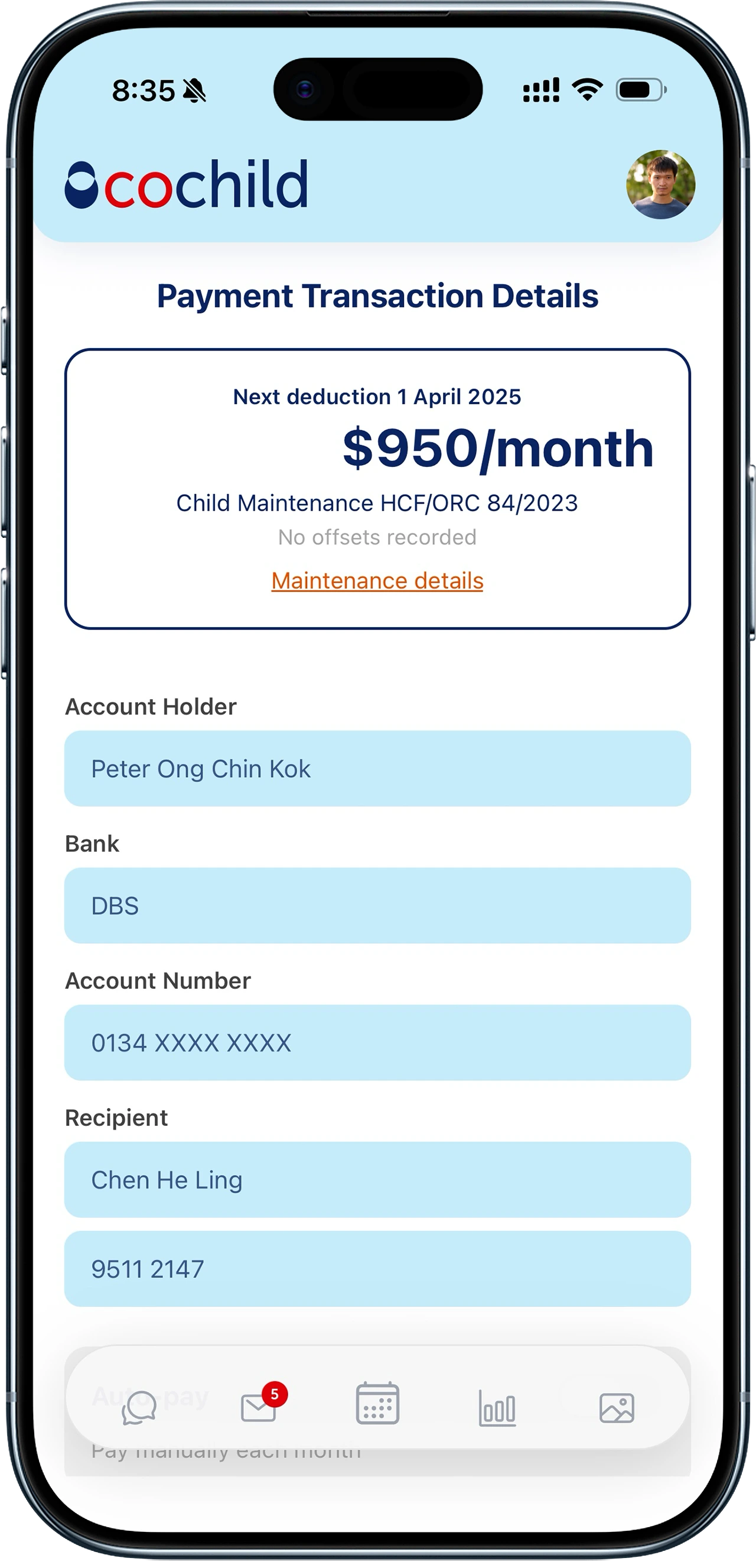 Cochild payment screen showing a monthly child maintenance transaction with bank details
